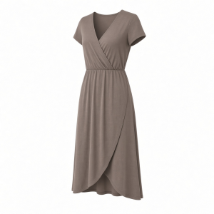 Essentials Women's Stretchy Jersey V-Neck Short Sleeve Midi Length Dress
