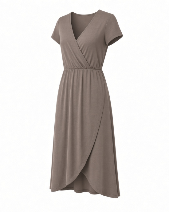 Essentials Women's Stretchy Jersey V-Neck Short Sleeve Midi Length Dress