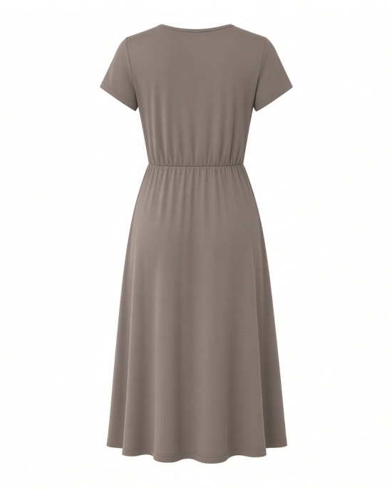 Essentials Women's Stretchy Jersey V-Neck Short Sleeve Midi Length Dress