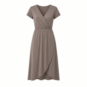 Essentials Women's Stretchy Jersey V-Neck Short Sleeve Midi Length Dress
