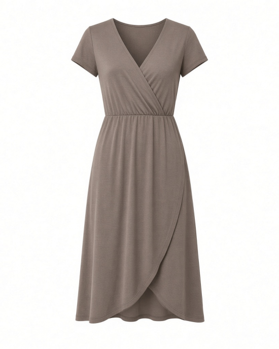 Essentials Women's Stretchy Jersey V-Neck Short Sleeve Midi Length Dress