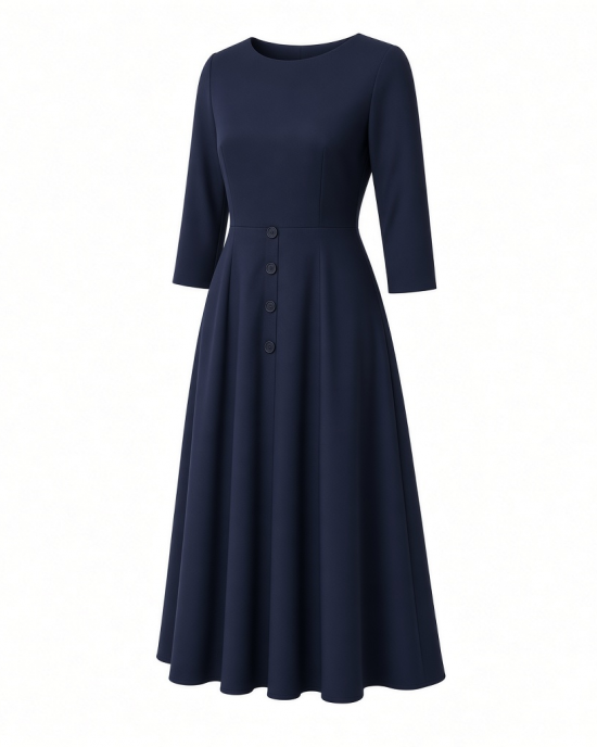 London Times Women's London Times Women's Dresses Crepe Fit and Flare Midi with Waist Button Detail