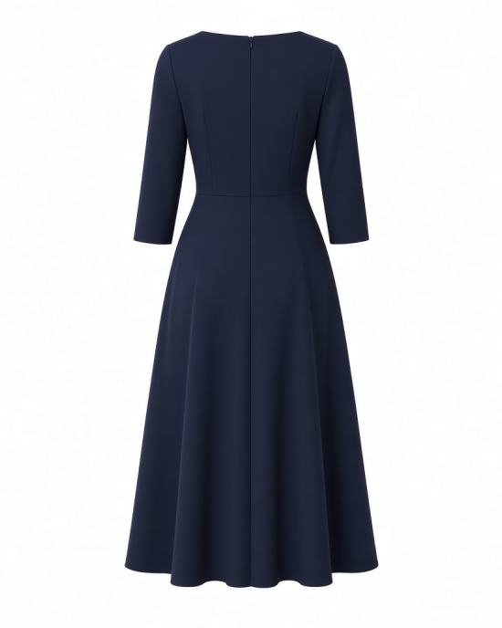 London Times Women's London Times Women's Dresses Crepe Fit and Flare Midi with Waist Button Detail