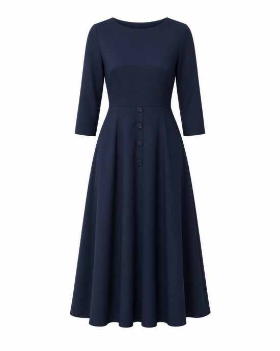London Times Women's London Times Women's Dresses Crepe Fit and Flare Midi with Waist Button Detail