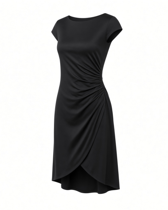 Essentials Women's Cap Sleeve Boat-Neck Faux Wrap Dress