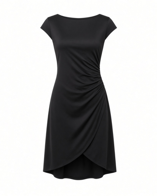 Essentials Women's Cap Sleeve Boat-Neck Faux Wrap Dress