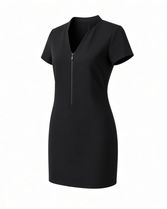 DKNY Women's Short Sleeve V-Neck Zipper Front Scuba Crepe Mini Dress