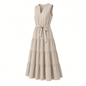 DKNY Women's Sleeveless Split Neck Tiered Midi Dress with Waist Tie