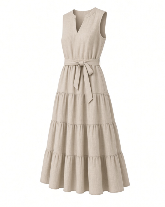 DKNY Women's Sleeveless Split Neck Tiered Midi Dress with Waist Tie