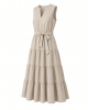 DKNY Women's Sleeveless Split Neck Tiered Midi Dress with Waist Tie