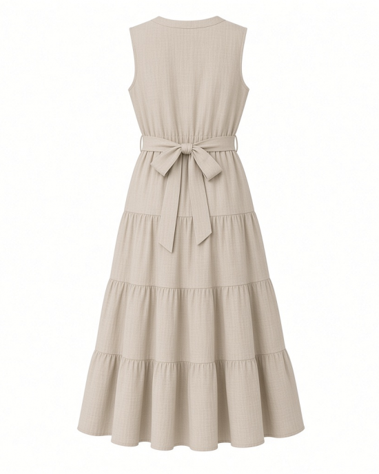 DKNY Women's Sleeveless Split Neck Tiered Midi Dress with Waist Tie