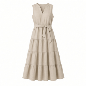 DKNY Women's Sleeveless Split Neck Tiered Midi Dress with Waist Tie