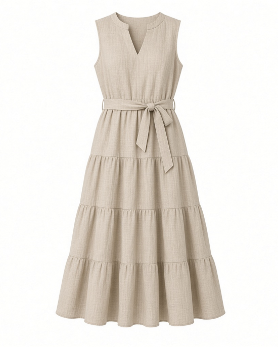 DKNY Women's Sleeveless Split Neck Tiered Midi Dress with Waist Tie