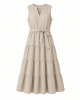 DKNY Women's Sleeveless Split Neck Tiered Midi Dress with Waist Tie
