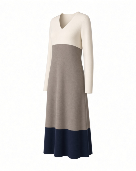 Tommy Hilfiger Women's Long Sleeves V Neck Color Block Midi Dress