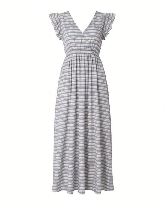 Kensie Women's Short Sleeve V-Neck Striped Woven Maxi Dress