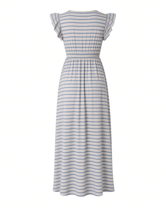 Kensie Women's Short Sleeve V-Neck Striped Woven Maxi Dress
