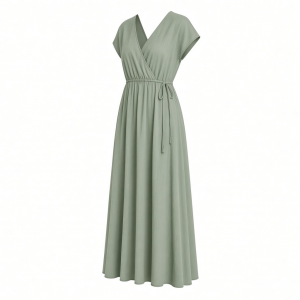 Essentials Women's V Neck Short Sleeve Waisted Maxi Dress (Available in Plus Size)