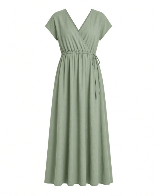 Essentials Women's V Neck Short Sleeve Waisted Maxi Dress (Available in Plus Size)
