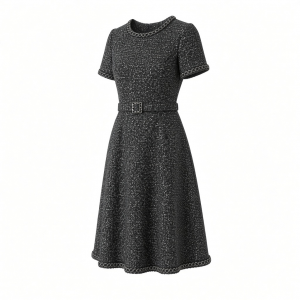 Karl Lagerfeld Women's Short Sleeve Tonal Tweed Skirt Chain Trim Belt Scuba Crepe A-line Dress