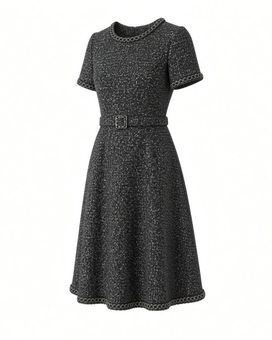 Karl Lagerfeld Women's Short Sleeve Tonal Tweed Skirt Chain Trim Belt Scuba Crepe A-line Dress