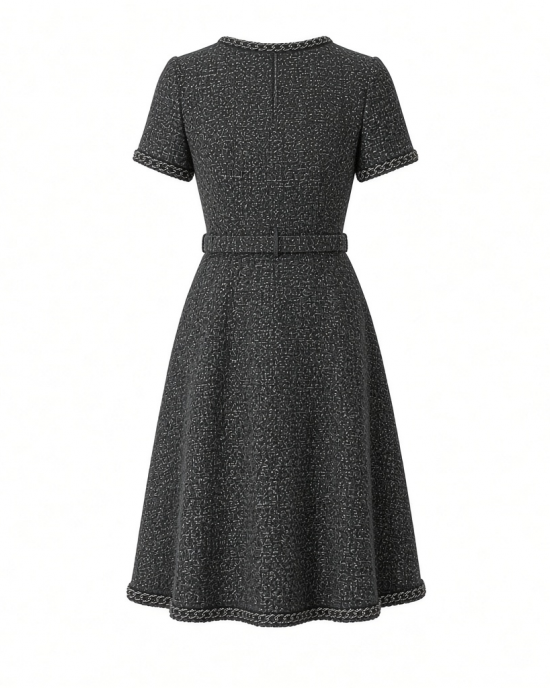 Karl Lagerfeld Women's Short Sleeve Tonal Tweed Skirt Chain Trim Belt Scuba Crepe A-line Dress