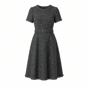 Karl Lagerfeld Women's Short Sleeve Tonal Tweed Skirt Chain Trim Belt Scuba Crepe A-line Dress