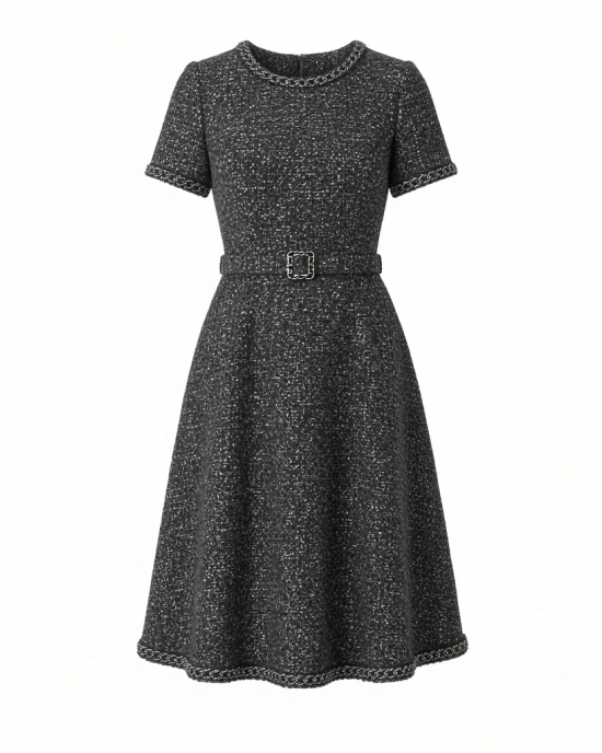 Karl Lagerfeld Women's Short Sleeve Tonal Tweed Skirt Chain Trim Belt Scuba Crepe A-line Dress