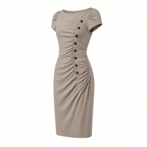 DKNY Women's Short Sleeve Ruched Knee Length Sheath Dress with Button Detail