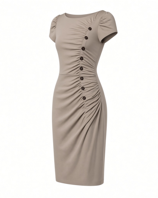 DKNY Women's Short Sleeve Ruched Knee Length Sheath Dress with Button Detail