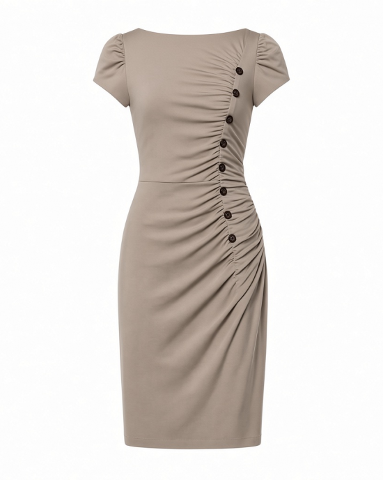 DKNY Women's Short Sleeve Ruched Knee Length Sheath Dress with Button Detail