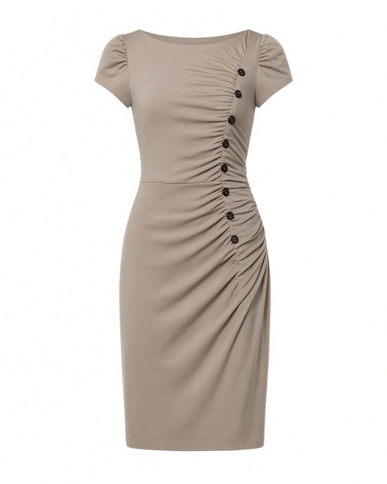 DKNY Women's Short Sleeve Ruched Knee Length Sheath Dress with Button Detail