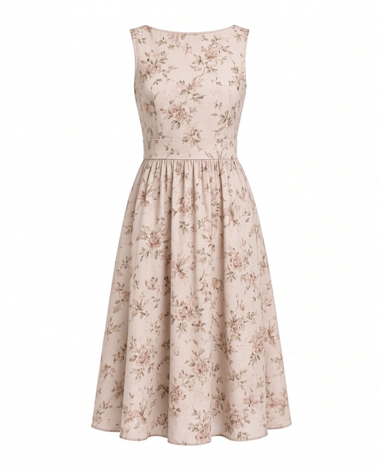 London Times Women's Sleeveless Inset Waist Midi Fit and Flare Dress