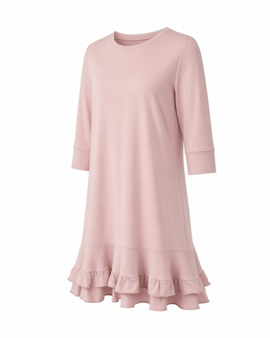 Tommy Hilfiger Women's 3/4 Sleeve Crew Neck Double Ruffle Hem Jersey Shift Mini Dress