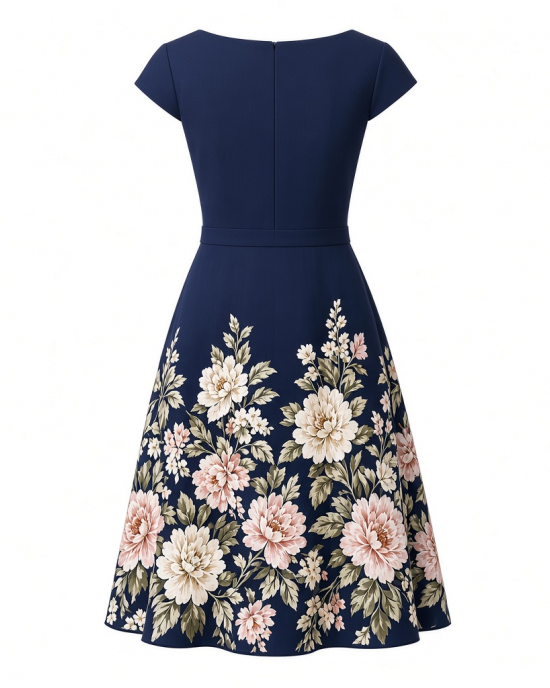 London Times Women's Floral Border Cap Sleeve Fit & Flare Dress