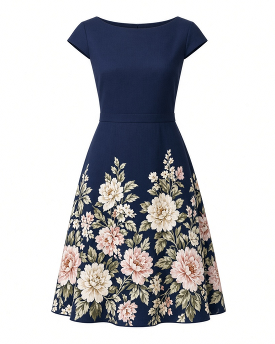 London Times Women's Floral Border Cap Sleeve Fit & Flare Dress