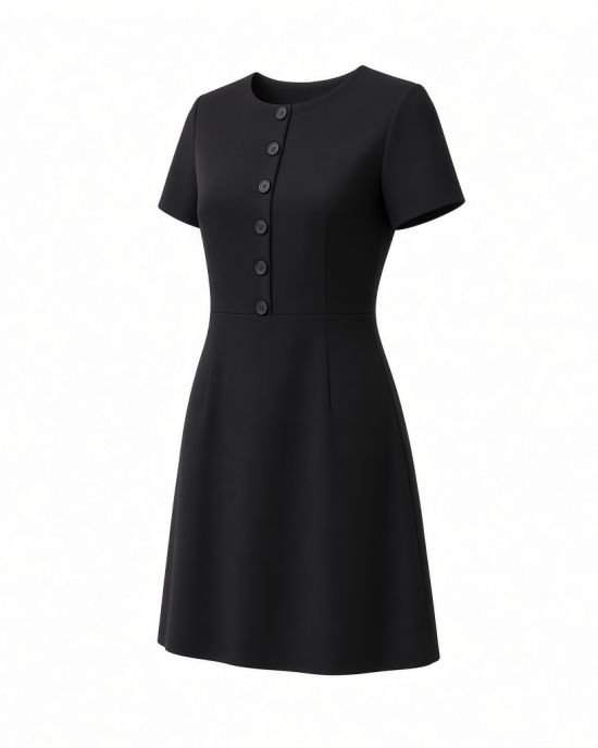 DKNY Women's Short Sleeve Jewel Neck Scuba Crepe Button Front Detail Mini Dress