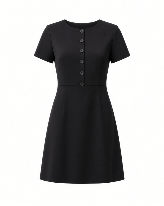 DKNY Women's Short Sleeve Jewel Neck Scuba Crepe Button Front Detail Mini Dress