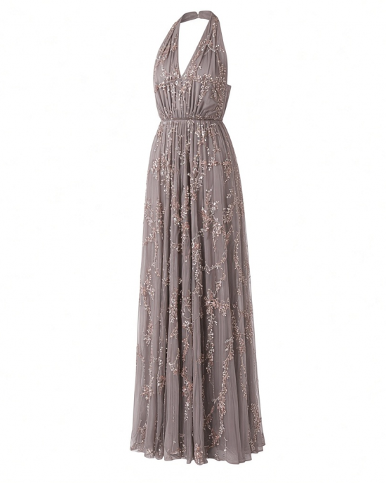Adrianna Papell Womens Halter Blouson Beaded Gown