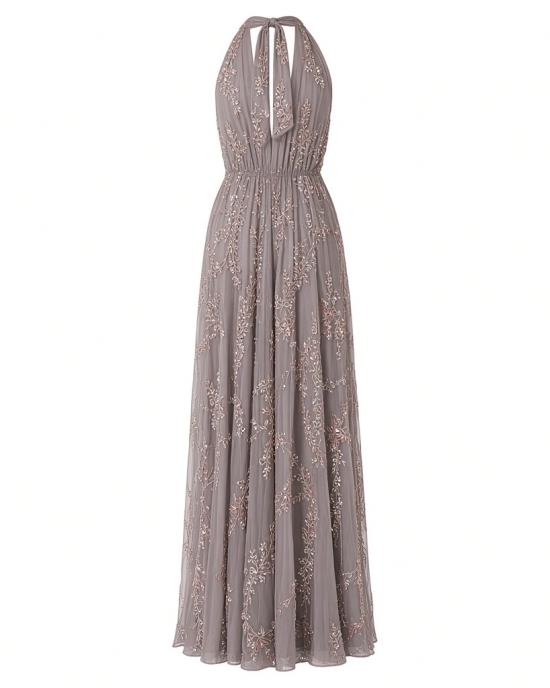 Adrianna Papell Womens Halter Blouson Beaded Gown
