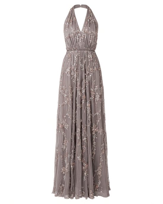Adrianna Papell Womens Halter Blouson Beaded Gown