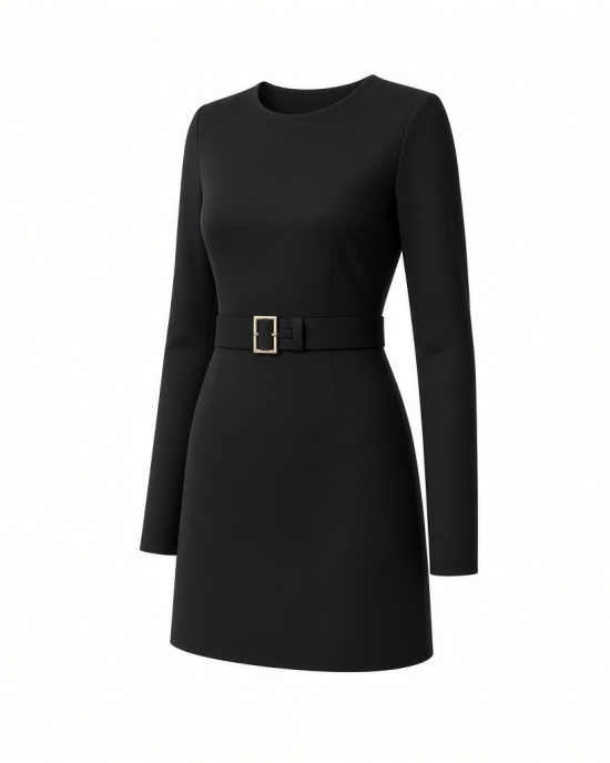 DKNY Women's Long Sleeve Jewel Neck Mini D Buckle Scuba Crepe Dress