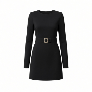 DKNY Women's Long Sleeve Jewel Neck Mini D Buckle Scuba Crepe Dress