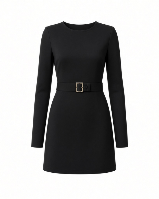 DKNY Women's Long Sleeve Jewel Neck Mini D Buckle Scuba Crepe Dress