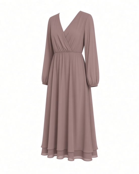Essentials Women's Lightweight Georgette Long Sleeve V-Neck Midi Dress (Available in Plus Size)
