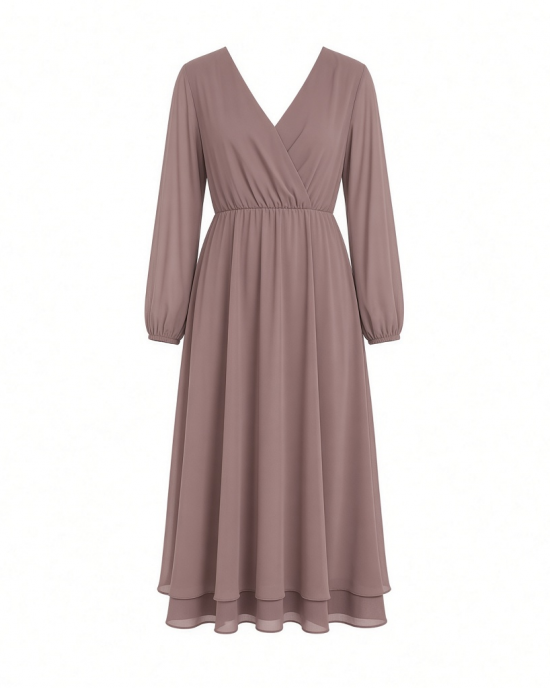 Essentials Women's Lightweight Georgette Long Sleeve V-Neck Midi Dress (Available in Plus Size)