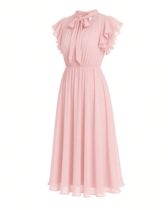 Tommy Hilfiger Women's Flutter Sleeve Tie Neck Chiffon Midi Dress