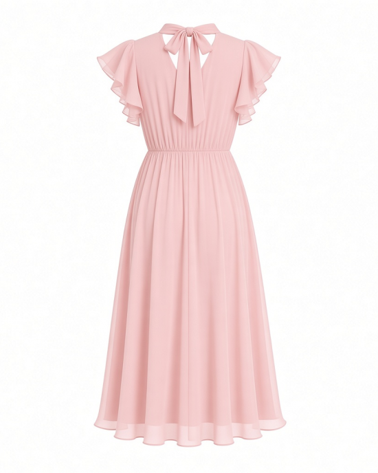 Tommy Hilfiger Women's Flutter Sleeve Tie Neck Chiffon Midi Dress