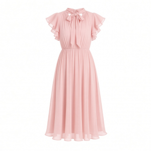 Tommy Hilfiger Women's Flutter Sleeve Tie Neck Chiffon Midi Dress