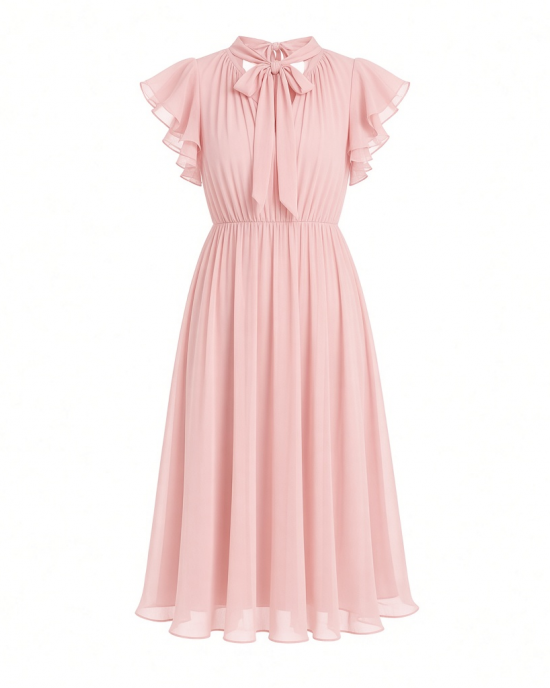 Tommy Hilfiger Women's Flutter Sleeve Tie Neck Chiffon Midi Dress